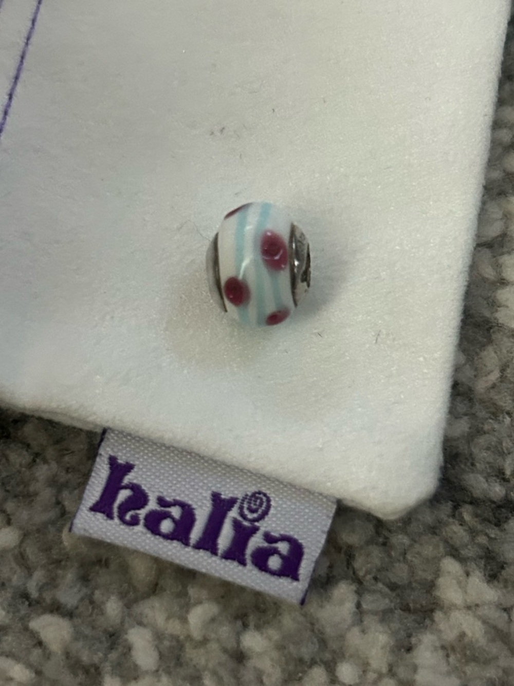 Halia Glass Bead Charm - White with Light Blue Stripes & Red Dots, Sterling